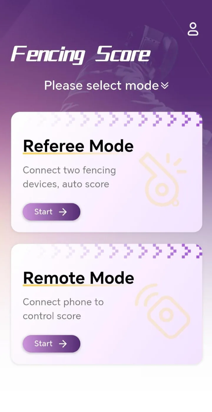 Sigurd Fencing app home page with Referee Mode and Remote Mode