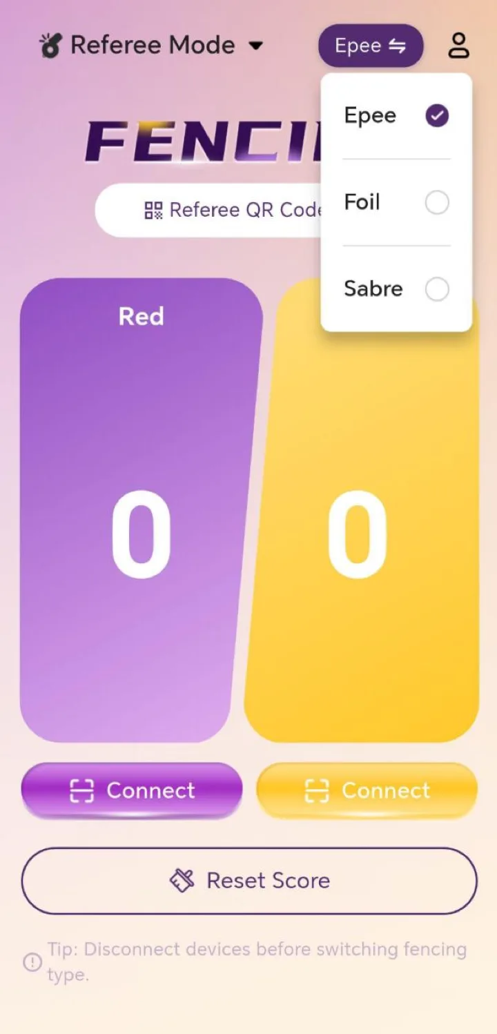 Weapon type selection: Épée, Foil, Sabre